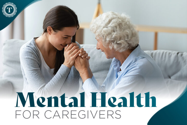 A young woman and an older woman sit together on a couch, holding hands and smiling warmly. Text on the image reads: "Mental Health for Caregivers.