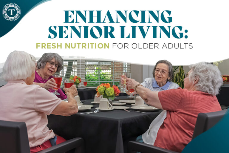 Four older women sit around a dining table, smiling and raising glasses together. The table is set with plates, cups, and flower centerpieces. The text reads, “Enhancing Senior Living: Fresh Nutrition for Older Adults.”.
