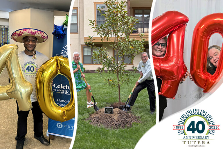 A collage shows people celebrating Tutera’s 40th anniversary: a man in a sombrero holding “40” balloons, two people planting a tree, and two women holding a “40” balloon. The Tutera 40th anniversary logo is at the bottom right.