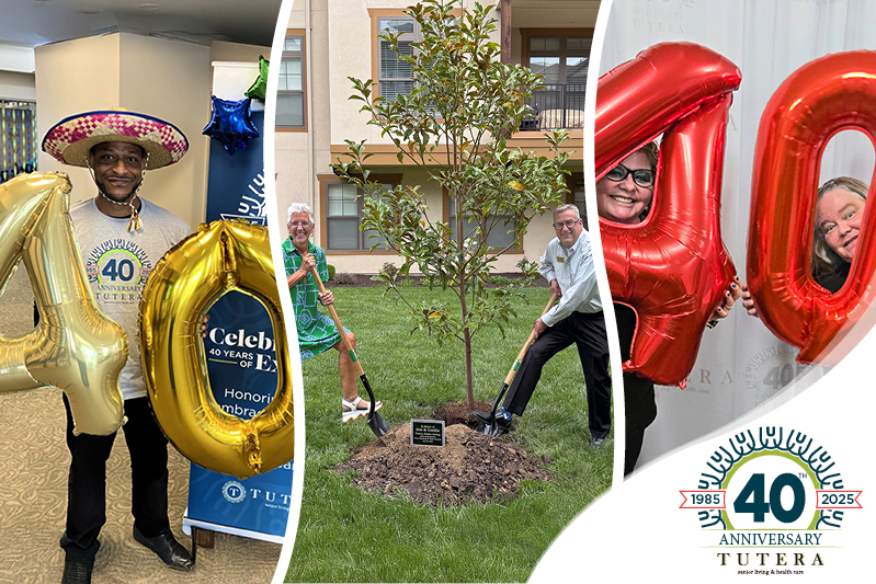 A collage shows people celebrating Tutera’s 40th anniversary: a man in a sombrero holding “40” balloons, two people planting a tree, and two women holding a “40” balloon. The Tutera 40th anniversary logo is at the bottom right.