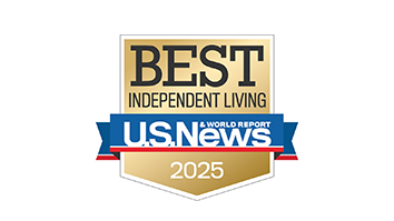 A gold badge reads "Best Senior Living Independent Living" above a blue banner with "U.S. News & World Report" and "2025" on a gold ribbon at the bottom.
