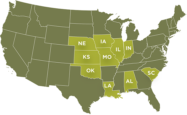 Map of the United States with the states NE, KS, OK, MO, IA, IL, IN, LA, AL, and SC highlighted in a brighter color than the others.