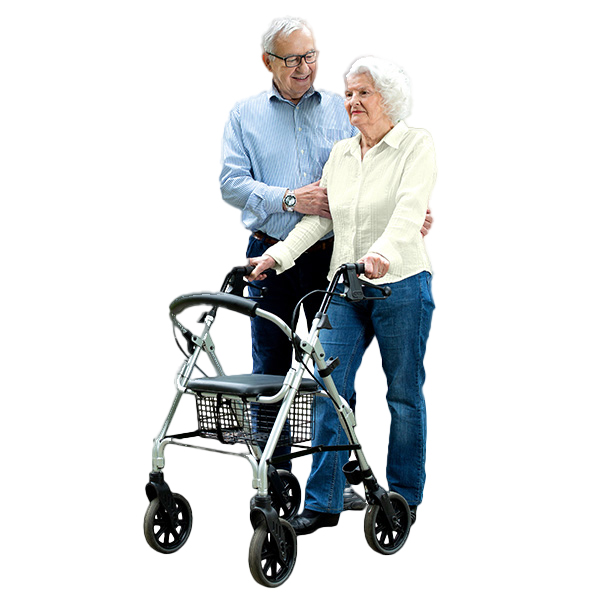 An elderly woman using a walker is accompanied by an elderly man. Smiling and standing close together in casual clothes, they embody the warmth and companionship found in senior living communities.