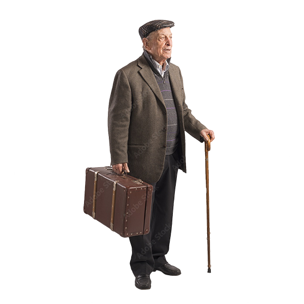 Elderly man wearing a flat cap, coat, and dark pants stands holding a vintage suitcase in one hand and a wooden cane in the other, resembling someone ready for skilled nursing care, isolated on a white background.