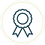 A simple, dark blue line drawing of an award ribbon with two tails, centered on a white circular background with a thin gold outline.