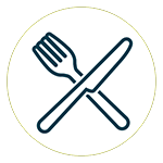 Outline icon of a fork and knife crossed over each other inside a white circle with a thin dark border, symbolizing food, dining, or a restaurant.