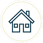 Simple black outline of a house with a chimney, centered within a white circle that has a thin, light green border.