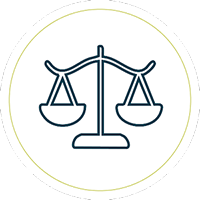 A simple black outline of a balanced scale icon centered inside a thin yellow circle on a white background, symbolizing justice or fairness.
