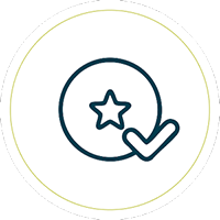 A simple icon of a star inside a circle with a check mark overlapping the lower right side, all in dark blue lines on a white background with a thin outer yellow-green circle.
