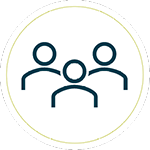 Simple icon of three people, represented by circles for heads and curved lines for shoulders, arranged in a group on a white background with a thin circular border.