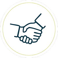 Simple line drawing of two hands shaking, symbolizing agreement or partnership, enclosed within a thin circular border on a white background.