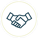 Simple icon of two hands shaking, outlined in dark blue, centered within a white circular background bordered by a thin yellow line.
