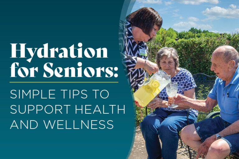 An older woman pours lemonade from a pitcher into a glass for an elderly man sitting outside. Another older woman sits nearby. Text reads: “Hydration for Seniors: Simple tips to support health and wellness.”.