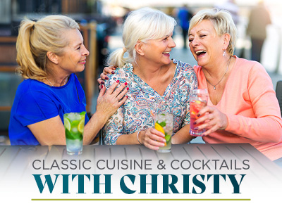 Three smiling older women sit together outdoors, laughing and holding cocktails. The text below reads: 