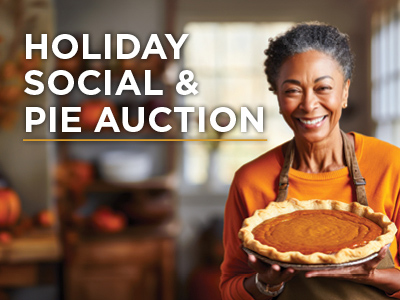 Smiling woman wearing an apron holds a pumpkin pie. Text reads