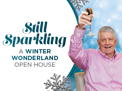 An older man in a pink shirt smiles and raises a glass in a toast. Text reads: