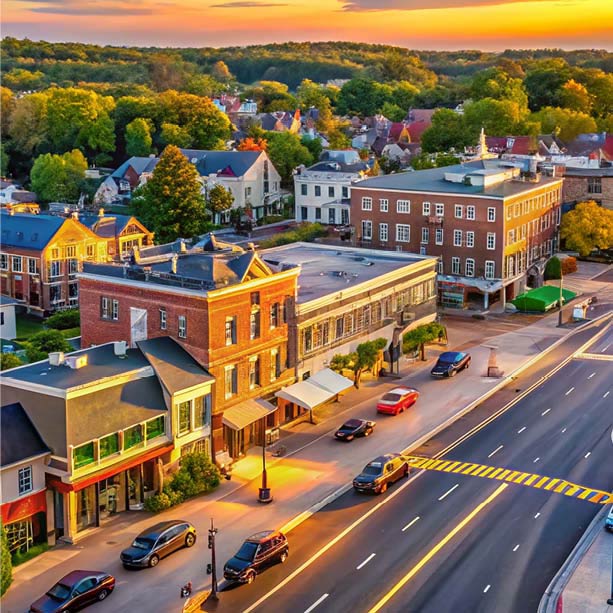 A vibrant small town at sunset shows historic brick buildings, tree-lined streets, parked cars, and a wide avenue, with lush green trees and houses in the background under a colorful sky.