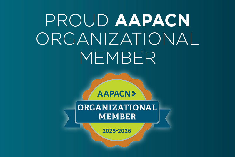 Graphic with the text "Proud AAPACN Organizational Member" and a badge reading "AAPACN Organizational Member 2025-2026" on a teal background.