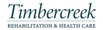 Logo for Timbercreek Rehabilitation & Health Care, featuring the company name in large, elegant green font above the tagline in smaller, uppercase letters.