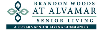 Logo for Brandon Woods at Alvamar Senior Living, with a decorative leaf-like symbol on the left and the text 