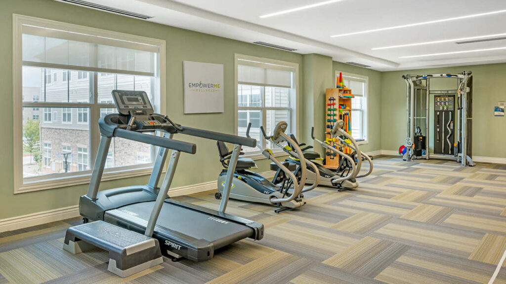 A modern gym with large windows, featuring a treadmill, two elliptical machines, a weight rack with colorful dumbbells, and a multi-functional cable machine on patterned carpet flooring.