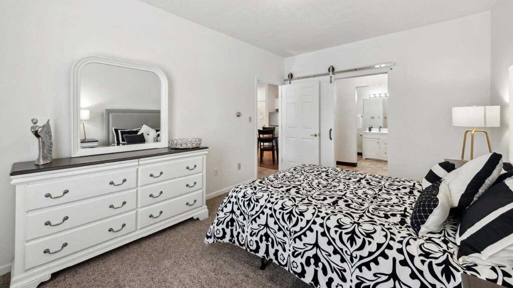 A bedroom with a black-and-white patterned bedspread, white dresser with a mirror, decorative items, a bedside lamp, and a sliding barn door leading to a bathroom. The decor is modern and the room is well-lit.