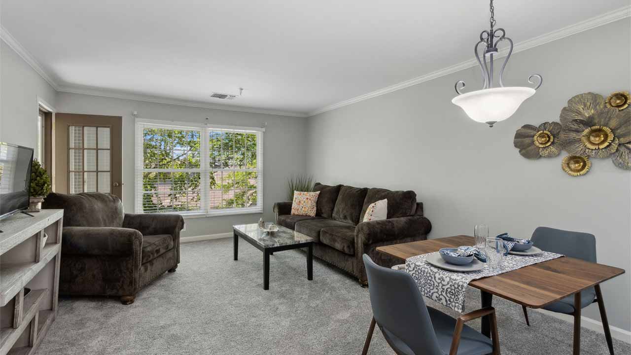 A modern living and dining area with gray walls, brown sofa and armchair, glass coffee table, small dining table set for two, wall art, and large windows letting in natural light.