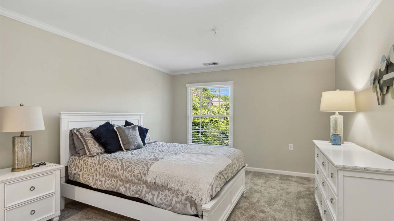 A bright bedroom with beige walls, a large window, a bed with gray and white bedding, two nightstands with lamps, and a white dresser. Sunlight streams in through the window, illuminating the room.