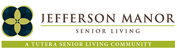 Logo for Jefferson Manor Senior Living, featuring a blue and green floral emblem next to the text 
