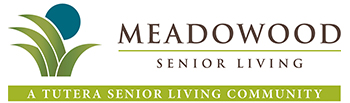 Logo for Meadowood Senior Living featuring green grass-like shapes and a blue circle, with text reading “Meadowood Senior Living” and “A Tutera Senior Living Community” on a green banner.