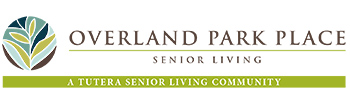 Logo for Overland Park Place Senior Living, a Tutera Senior Living Community, featuring stylized green and blue leaves inside a circular graphic to the left of the text.