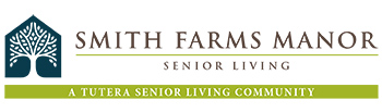 Logo for Smith Farms Manor Senior Living, featuring a stylized tree inside a house shape and text stating 
