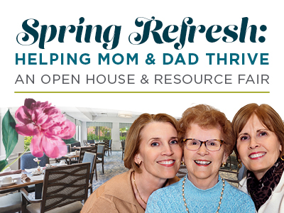 Three smiling women, of different ages, stand together in front of a dining area. Text above them reads: