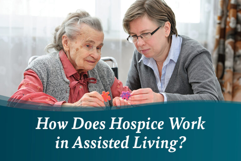 An elderly woman and a caregiver sit together at a table, working on a puzzle. Text overlay reads: "How Does Hospice Work in Assisted Living?.