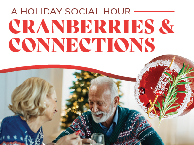An older man and woman in festive sweaters smile at each other while holding drinks, with a decorated Christmas tree in the background. Text reads,