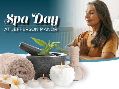A serene woman meditates with hands in prayer position. In front of her are spa items: a rolled towel, mortar with leaves, herbal compress, candles, and white flowers. Text reads,