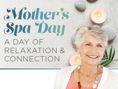 A smiling older woman stands in front of a sign that says "Mother’s Spa Day: A Day of Relaxation & Connection," with candles, stones, and a green leaf in the background.