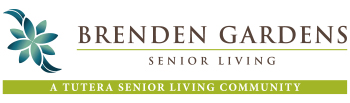 Logo for Brenden Gardens Senior Living, featuring a blue-green stylized flower on the left, with the text “Brenden Gardens Senior Living” and a green bar below reading “A Tutera Senior Living Community.”.