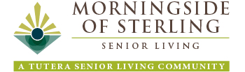 Logo for Morningside of Sterling Senior Living, featuring a green and gold abstract graphic and the tagline “A Tutera Senior Living Community.”.
