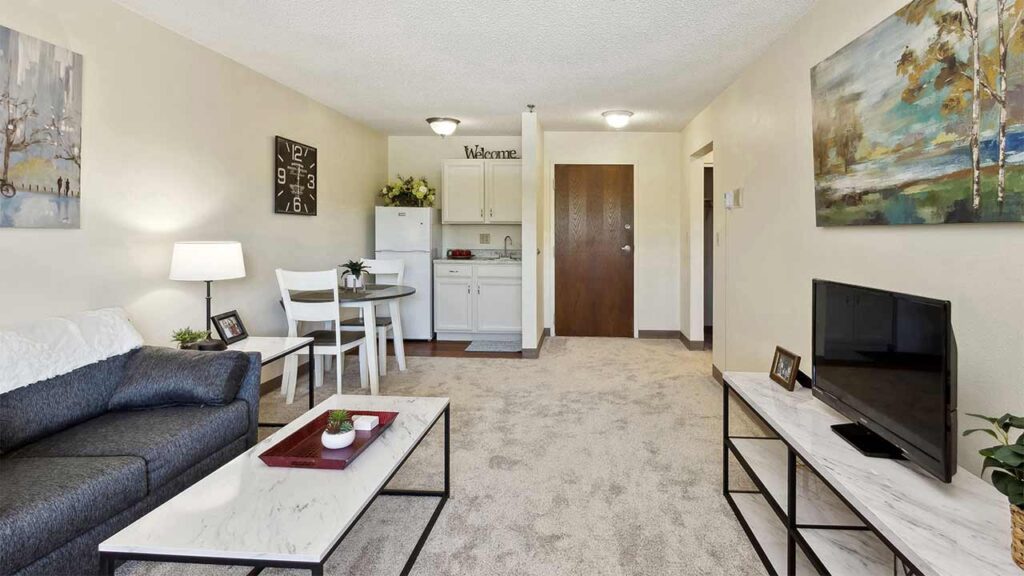 A cozy living room with a gray sofa, a coffee table, a small dining table for two, and a TV on a stand. In the background is a compact kitchen with white cabinets and a 