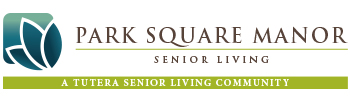 Logo for Park Square Manor Senior Living, featuring a stylized leaf icon on the left and the text “PARK SQUARE MANOR SENIOR LIVING” above “A Tutera Senior Living Community” on a green bar.