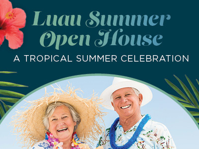 Two smiling older adults in Hawaiian shirts and leis, wearing straw and white hats, stand together under text that reads