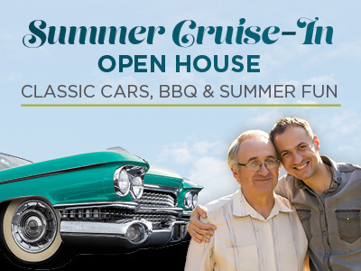 A flyer for a Summer Cruise-In Open House with text about classic cars, BBQ, and summer fun. Features a classic car and two smiling men, one older and one younger, standing together outdoors.
