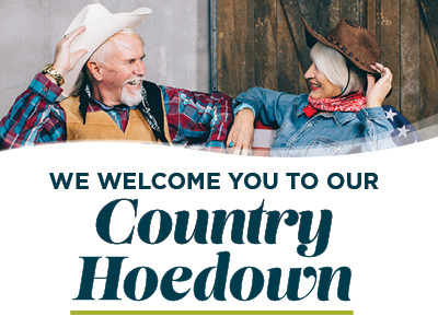 Two older adults in western attire, smiling and tipping their hats, sit together. Below them, text reads: