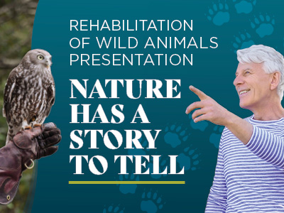 A man smiles and points at an owl perched on a gloved hand. The text reads: “Rehabilitation of Wild Animals Presentation. Nature Has a Story to Tell.” Paw prints decorate the teal background.