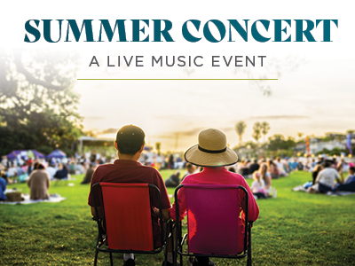 Two people sit on lawn chairs facing a stage at an outdoor summer concert, surrounded by a crowd on a grassy field. Text reads, "Summer Concert – A Live Music Event.