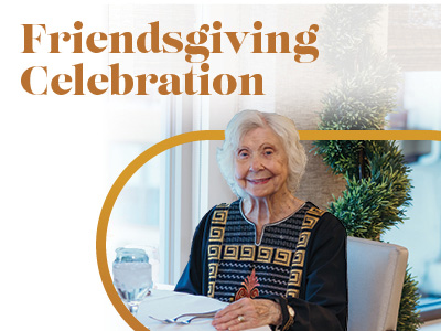 An elderly woman with gray hair smiles while sitting at a table. Text above her reads 