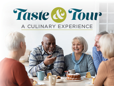 A group of smiling older adults sit around a table enjoying pastries and coffee. Above them, text reads