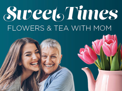 A young woman and an older woman smiling and embracing, with a pink teapot holding pink tulips beside them. The text reads,