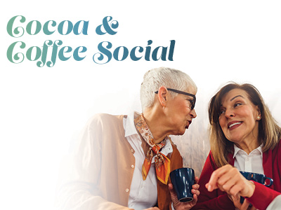 Two women smiling and chatting while holding mugs, with the text